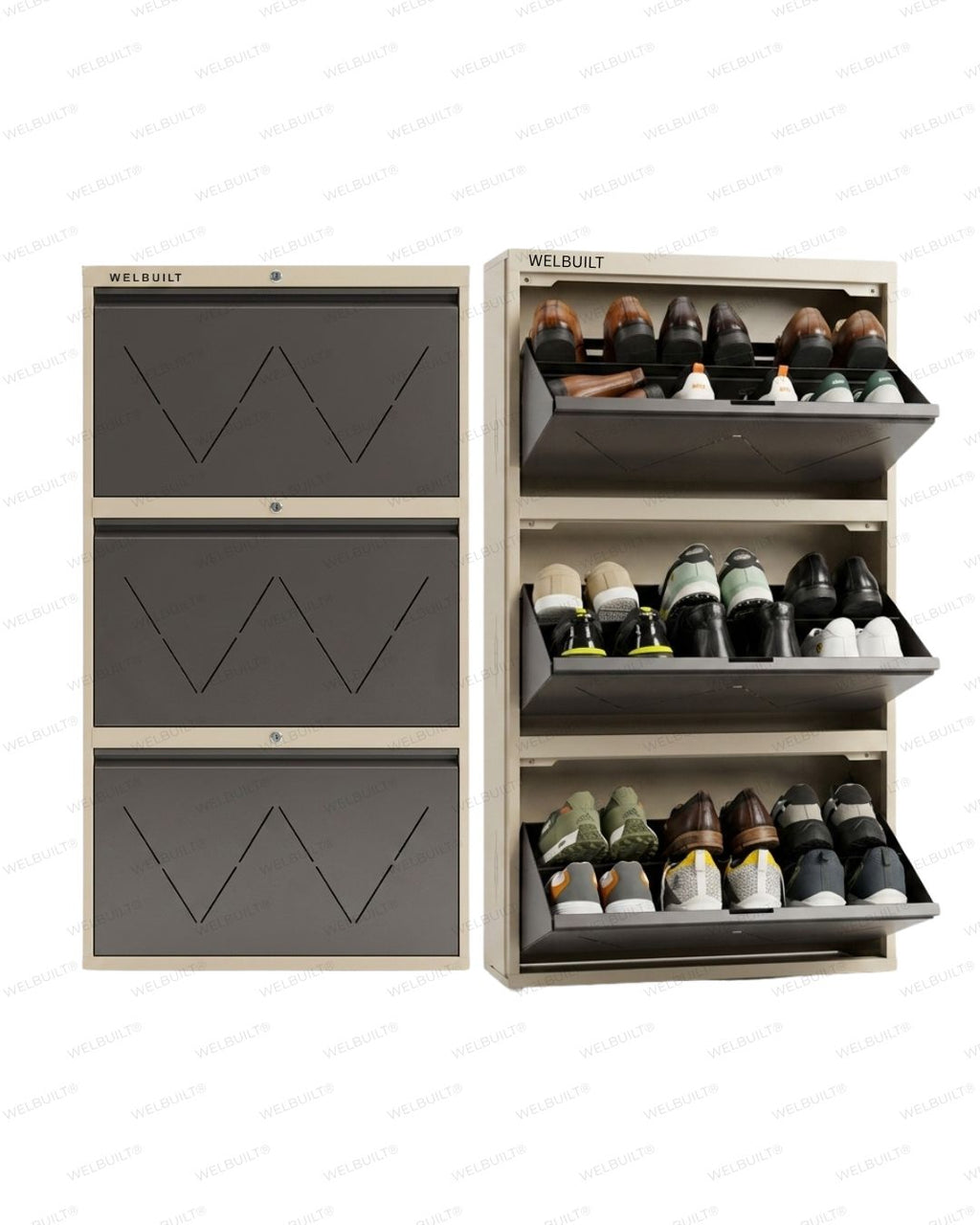 Welbuilt 4-Drawer Metal Shoe Storage Cabinet – Flip-Down Tilt Shoe Rack with Locking Doors, Space-Saving Entryway Organizer (18-24 Pairs) | Beige & Brown