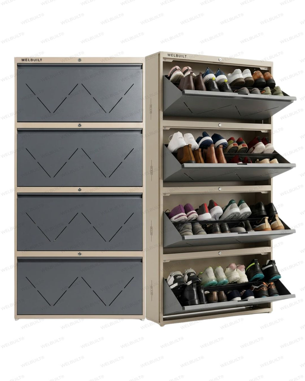 Welbuilt | 4-Door | 32-36 Pairs | Wall Mounted Metal Shoe Rack | Grey