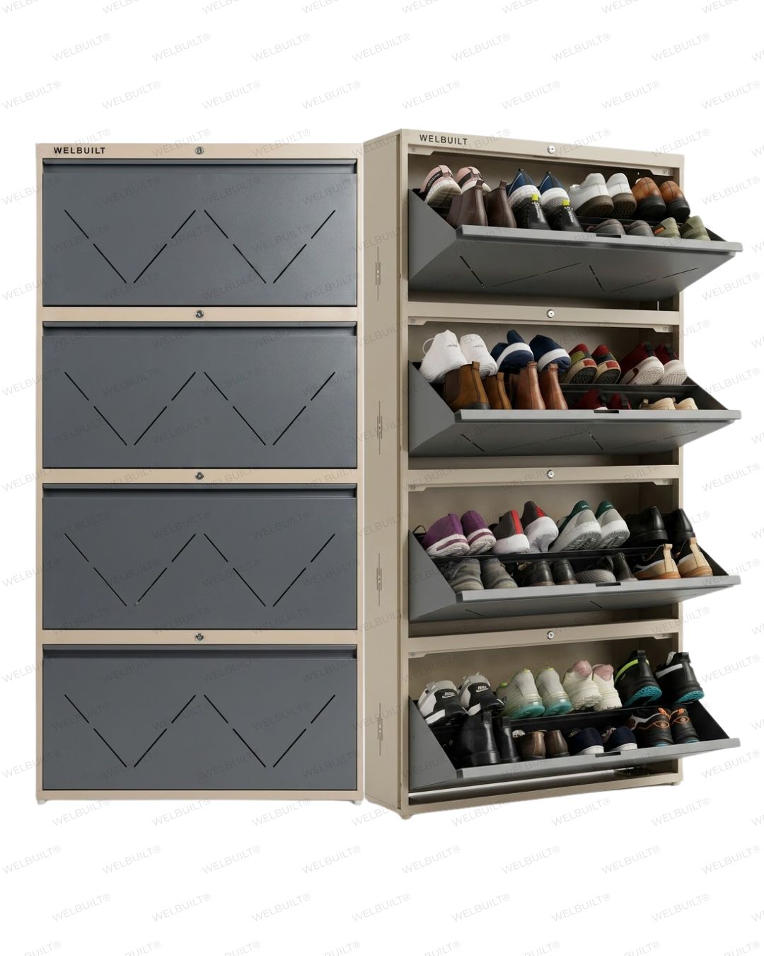 Welbuilt | 4-Door | 32-36 Pairs | Wall Mounted Metal Shoe Rack | Grey