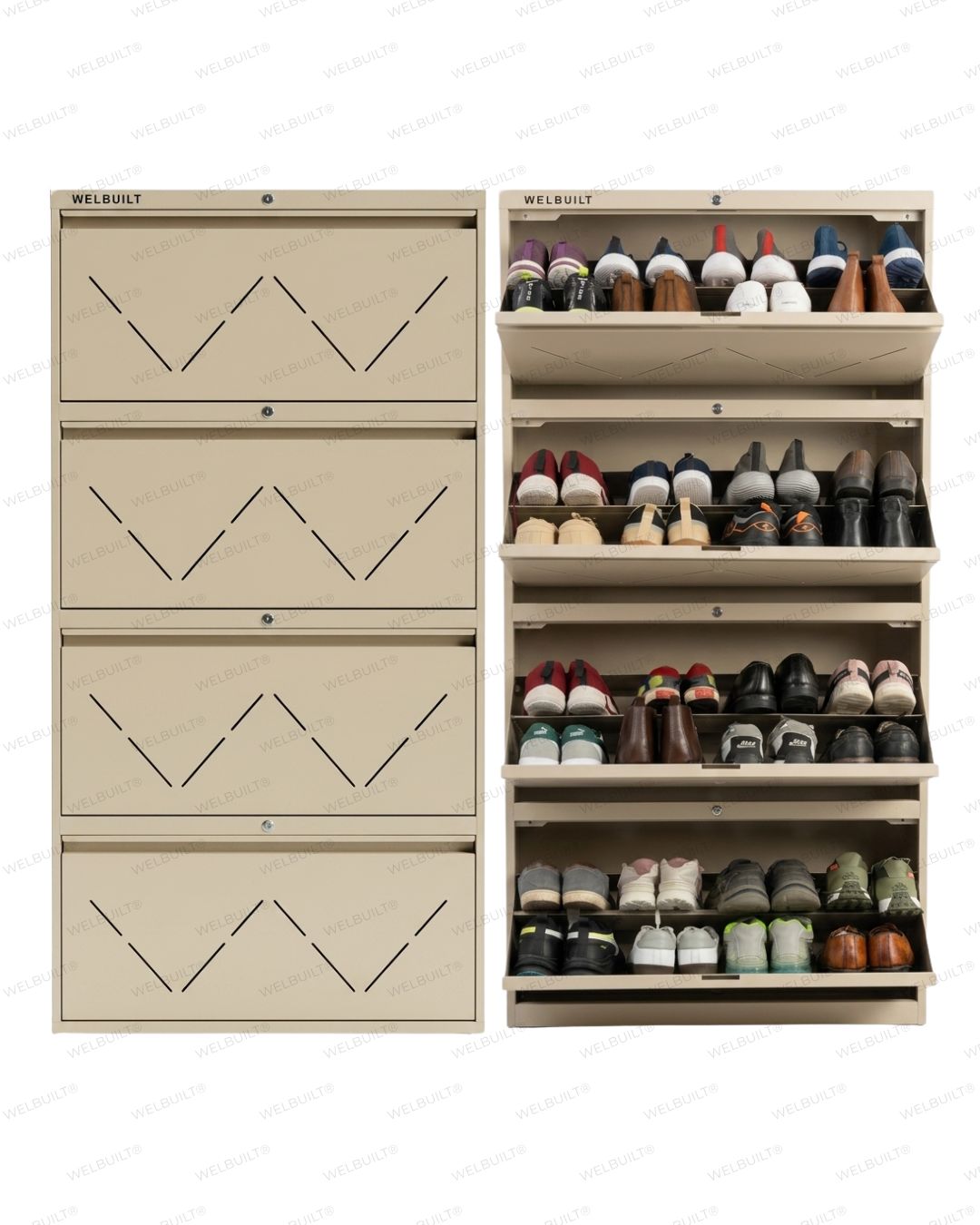 Welbuilt | 4-Door | 32-36 Pairs | Wall Mounted Metal Shoe Rack | Beige