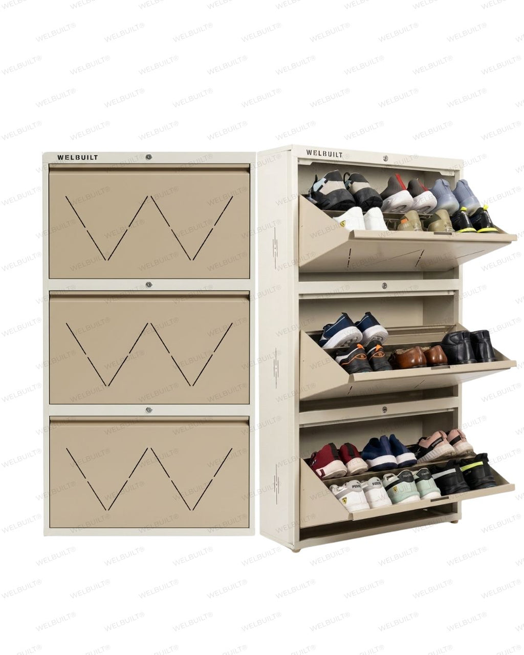 Welbuilt | 3-Door | 18 Pairs | Wall Mounted Metal Shoe Rack | Beige