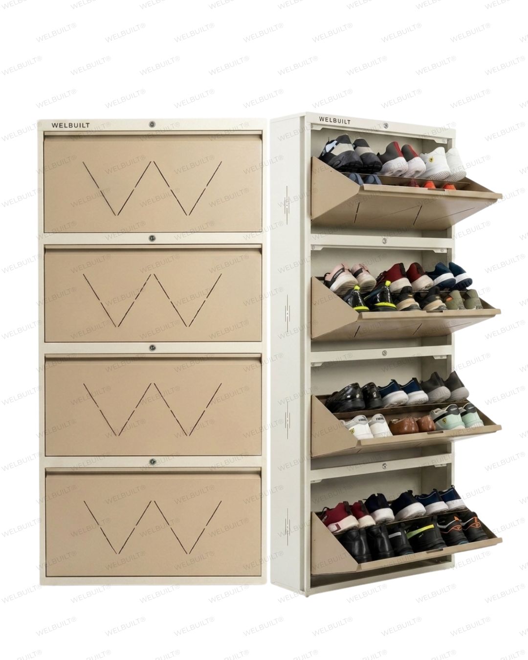 Welbuilt | 4-Door | 24-28 Pairs | Wall Mounted Metal Shoe Rack | Beige