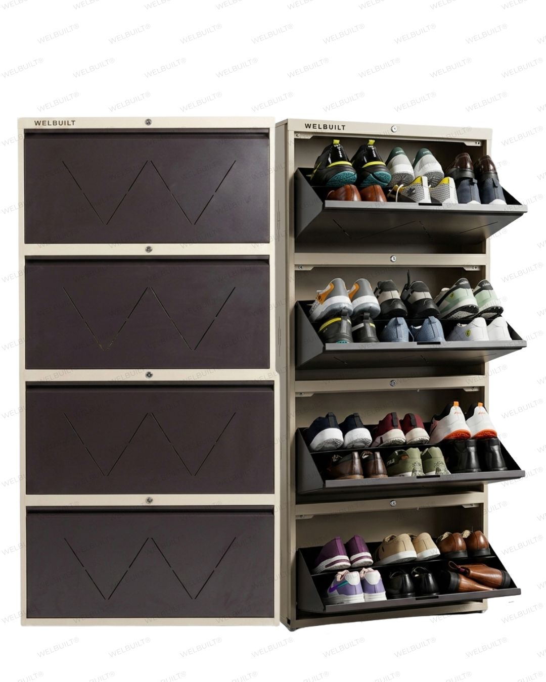 Welbuilt 4-Drawer Metal Shoe Storage Cabinet – Flip-Down Tilt Shoe Rack with Locking Doors, Space-Saving Entryway Organizer (18-24 Pairs) | Beige & Brown