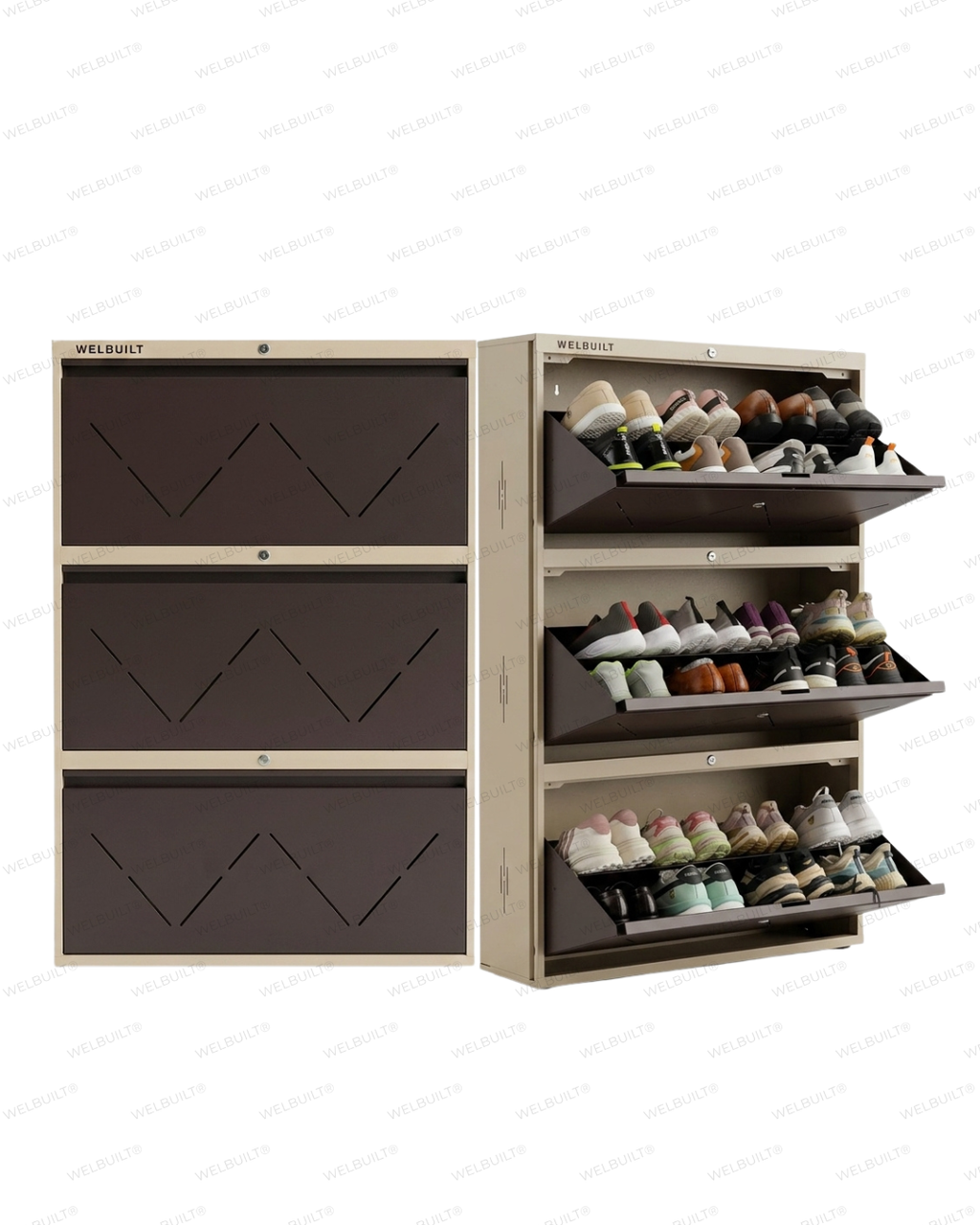 Welbuilt | 3-Door | 24 Pairs | Wall Mounted Metal Shoe Rack | Full Beige