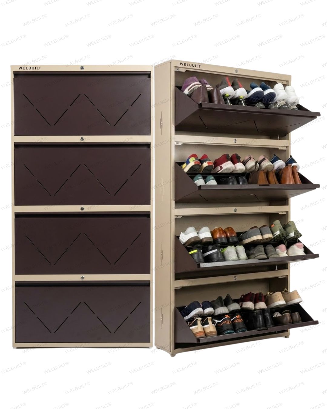 Welbuilt | 4-Door | 32-36 Pairs | Wall Mounted Metal Shoe Rack | Brown