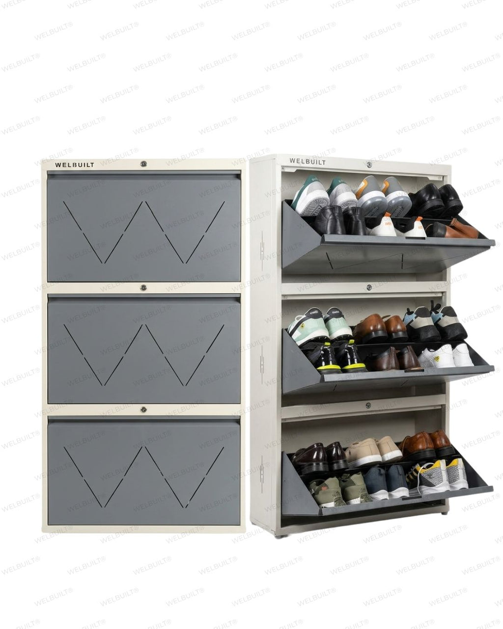 Welbuilt 3-Drawer Metal Shoe Storage Cabinet – Flip-Down Tilt Shoe Rack with Locking Doors, Space-Saving Entryway Organizer (18-24 Pairs) | White & Grey