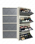 Welbuilt 4-Drawer Metal Shoe Storage Cabinet – Flip-Down Tilt Shoe Rack with Locking Doors, Space-Saving Entryway Organizer (18-24 Pairs) | White Grey
