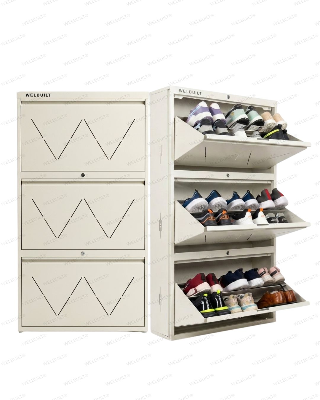 Welbuilt 3-Drawer Metal Shoe Storage Cabinet – Flip-Down Tilt Shoe Rack with Locking Doors, Space-Saving Entryway Organizer (18-24 Pairs) | Off White