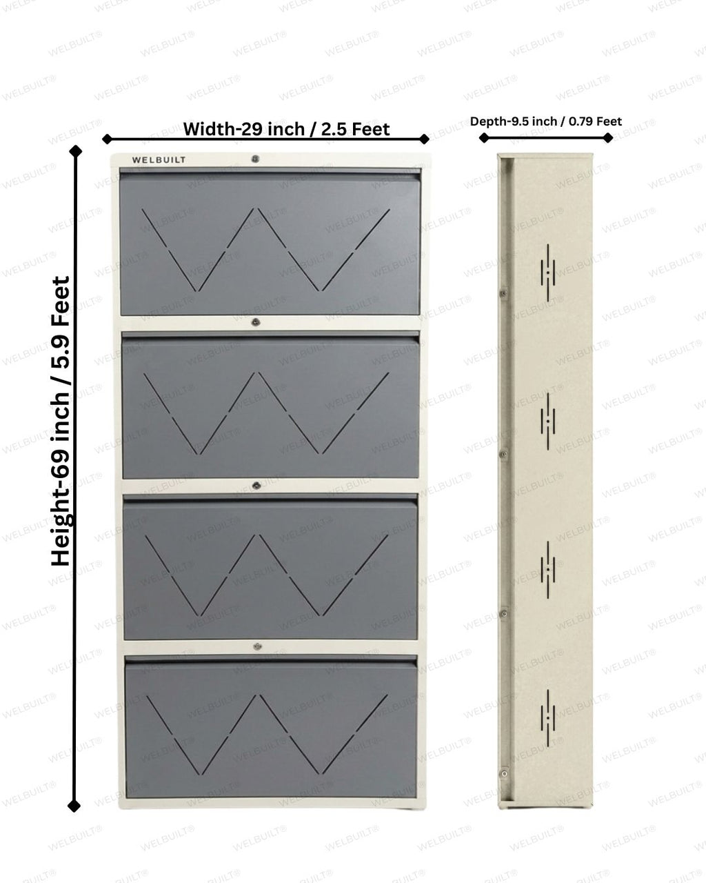 Welbuilt 4-Drawer Metal Shoe Storage Cabinet – Flip-Down Tilt Shoe Rack with Locking Doors, Space-Saving Entryway Organizer (18-24 Pairs) | White Grey