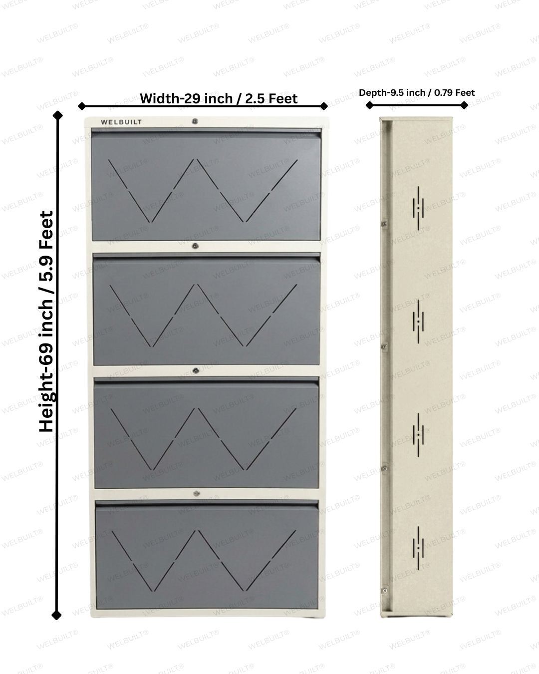 Welbuilt 4-Drawer Metal Shoe Storage Cabinet – Flip-Down Tilt Shoe Rack with Locking Doors, Space-Saving Entryway Organizer (18-24 Pairs) | White Grey