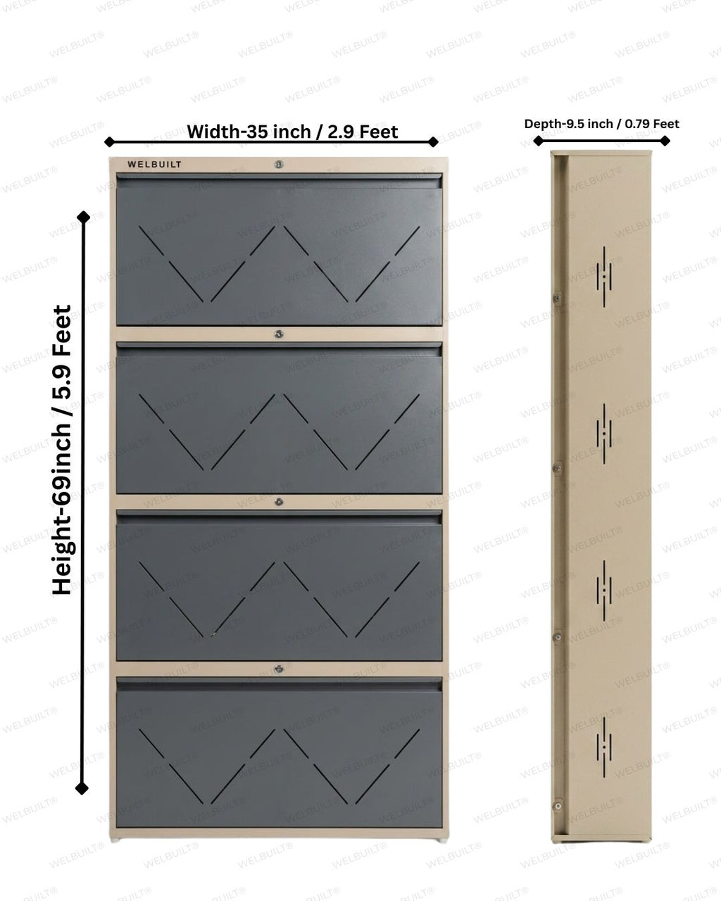 Welbuilt | 4-Door | 32-36 Pairs | Wall Mounted Metal Shoe Rack | Grey