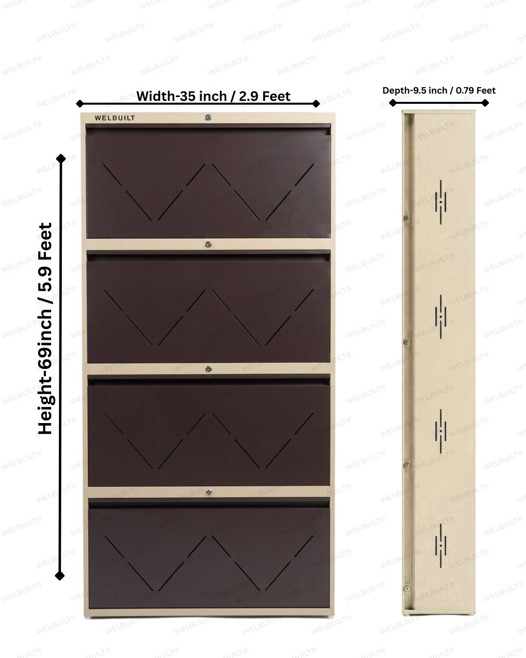 Welbuilt | 4-Door | 32-36 Pairs | Wall Mounted Metal Shoe Rack | Brown