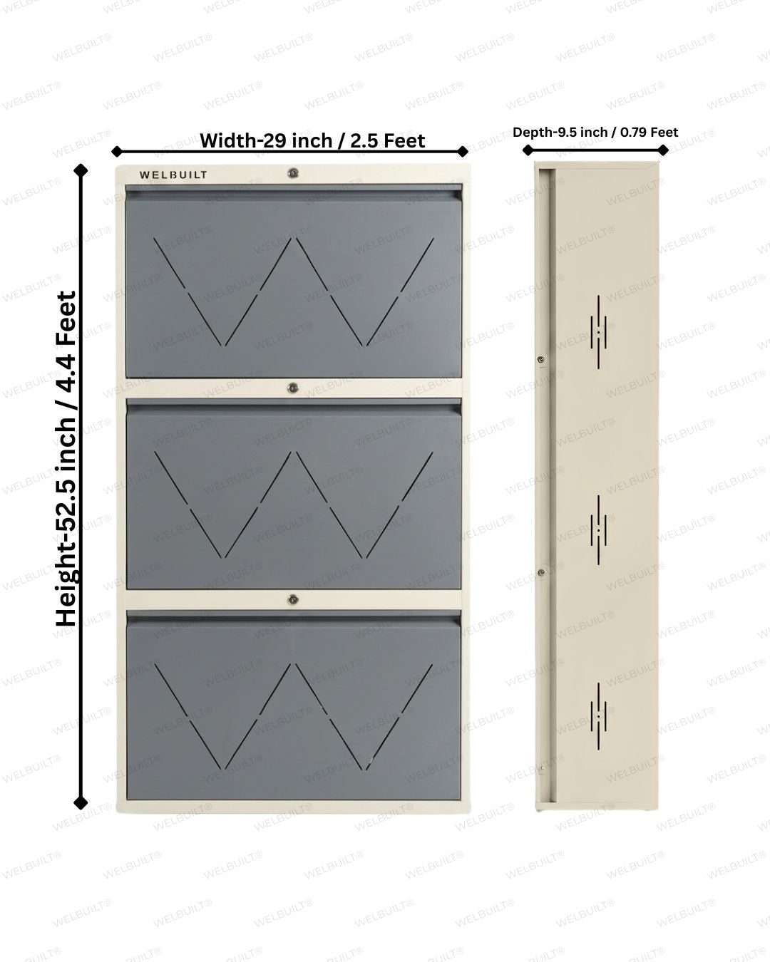 Welbuilt 3-Drawer Metal Shoe Storage Cabinet – Flip-Down Tilt Shoe Rack with Locking Doors, Space-Saving Entryway Organizer (18-24 Pairs) | White & Grey