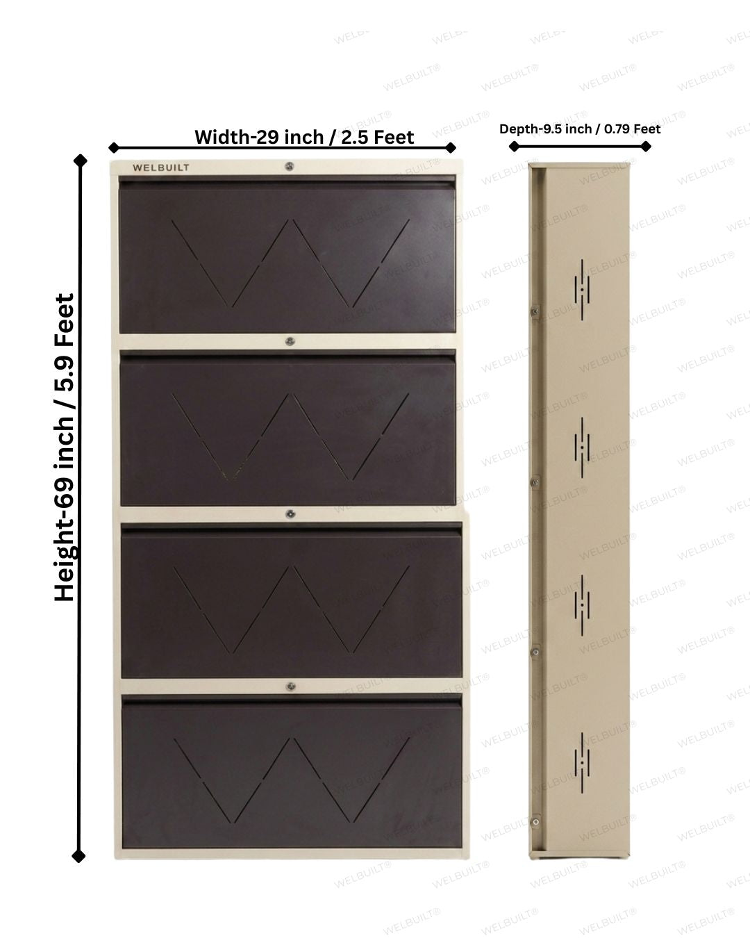 Welbuilt 4-Drawer Metal Shoe Storage Cabinet – Flip-Down Tilt Shoe Rack with Locking Doors, Space-Saving Entryway Organizer (18-24 Pairs) | Beige & Brown