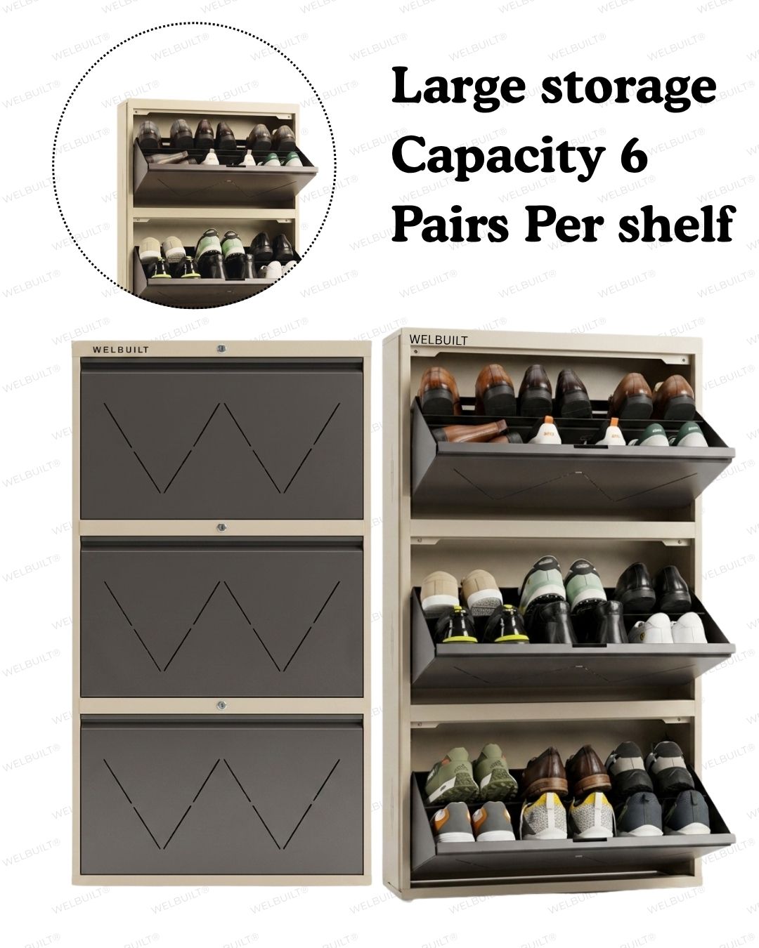 Welbuilt 4-Drawer Metal Shoe Storage Cabinet – Flip-Down Tilt Shoe Rack with Locking Doors, Space-Saving Entryway Organizer (18-24 Pairs) | Beige & Brown