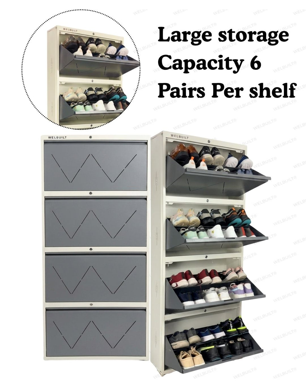 Welbuilt 4-Drawer Metal Shoe Storage Cabinet – Flip-Down Tilt Shoe Rack with Locking Doors, Space-Saving Entryway Organizer (18-24 Pairs) | White Grey