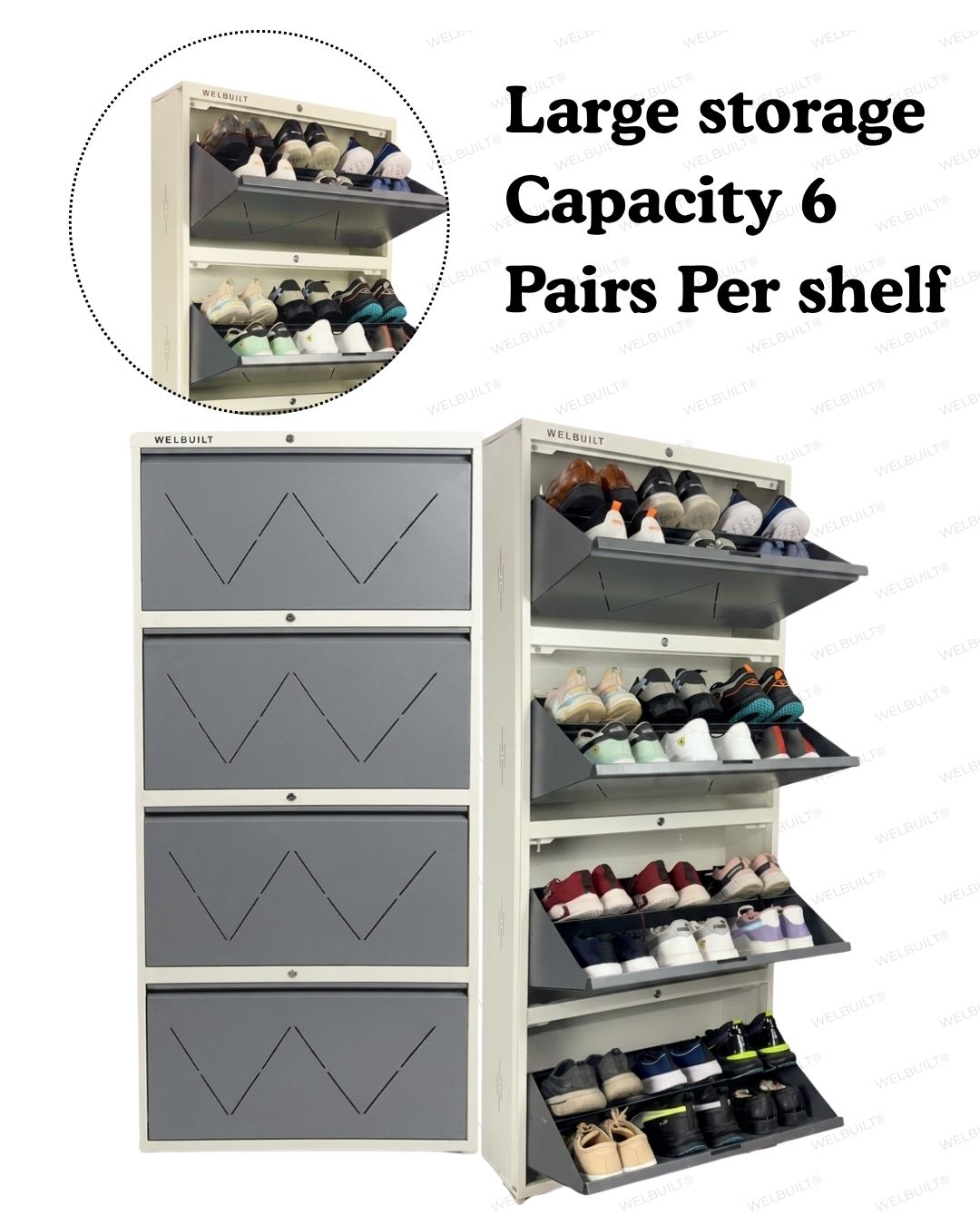 Welbuilt 4-Drawer Metal Shoe Storage Cabinet – Flip-Down Tilt Shoe Rack with Locking Doors, Space-Saving Entryway Organizer (18-24 Pairs) | White Grey