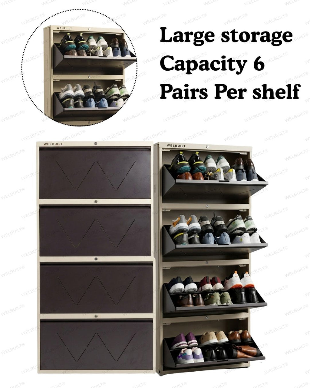 Welbuilt 4-Drawer Metal Shoe Storage Cabinet – Flip-Down Tilt Shoe Rack with Locking Doors, Space-Saving Entryway Organizer (18-24 Pairs) | Beige & Brown