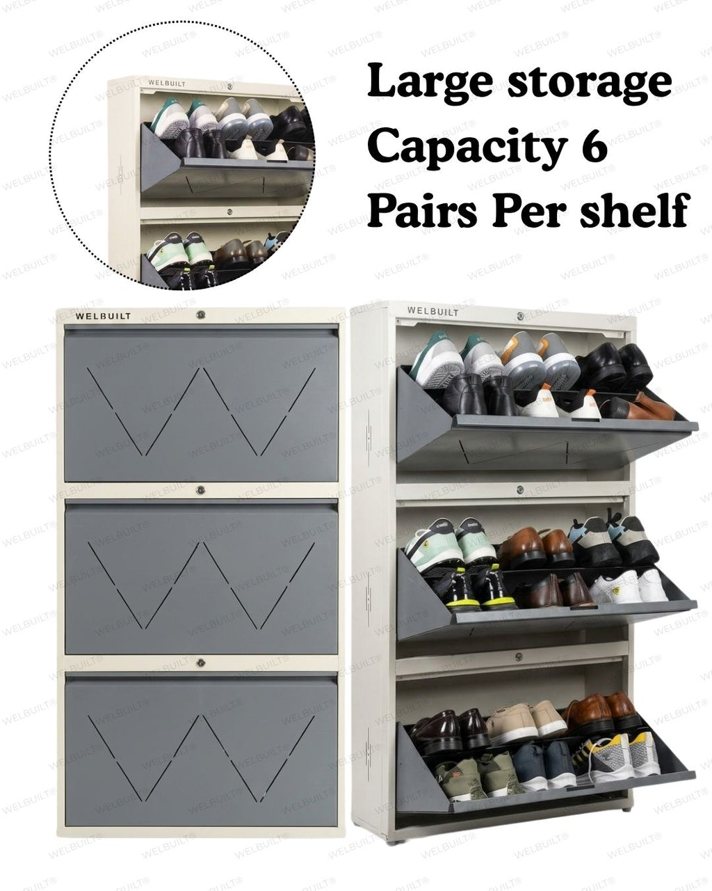 Welbuilt 3-Drawer Metal Shoe Storage Cabinet – Flip-Down Tilt Shoe Rack with Locking Doors, Space-Saving Entryway Organizer (18-24 Pairs) | White & Grey