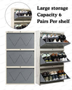 Welbuilt 3-Drawer Metal Shoe Storage Cabinet – Flip-Down Tilt Shoe Rack with Locking Doors, Space-Saving Entryway Organizer (18-24 Pairs) | White & Grey