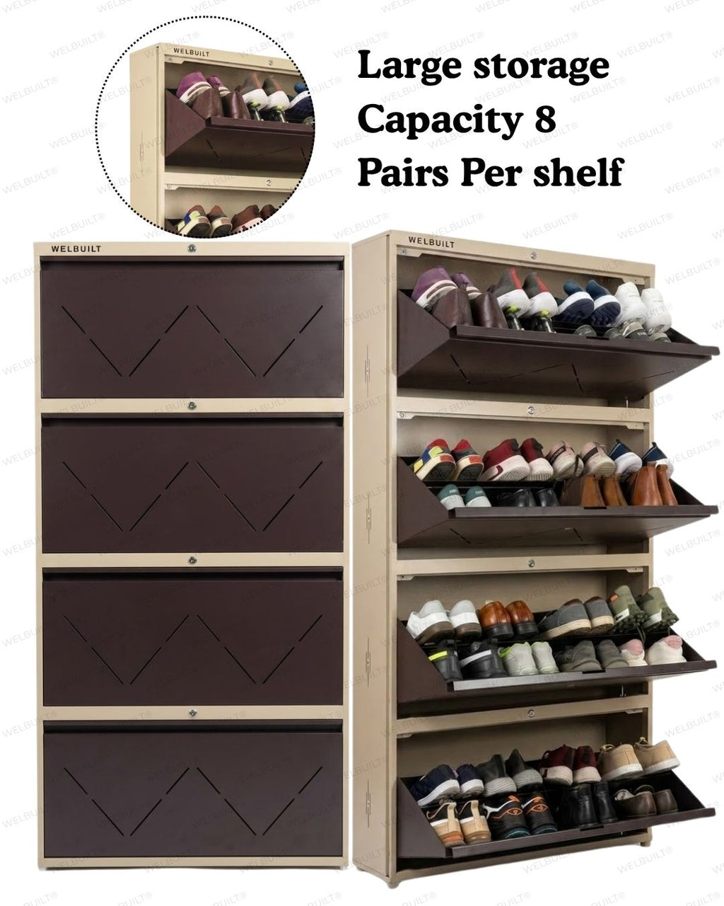 Welbuilt | 4-Door | 32-36 Pairs | Wall Mounted Metal Shoe Rack | Brown