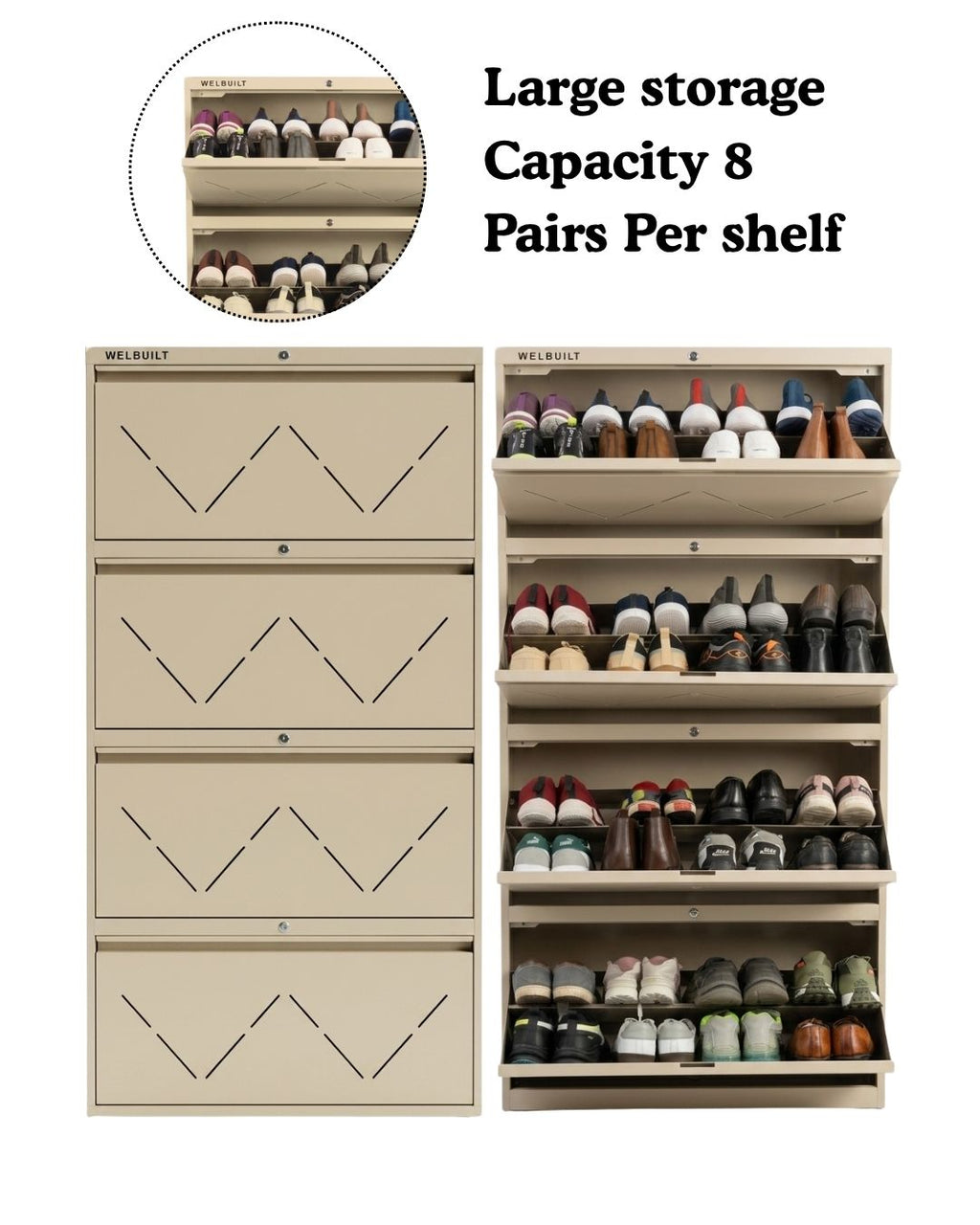 Welbuilt | 4-Door | 32-36 Pairs | Wall Mounted Metal Shoe Rack | Beige