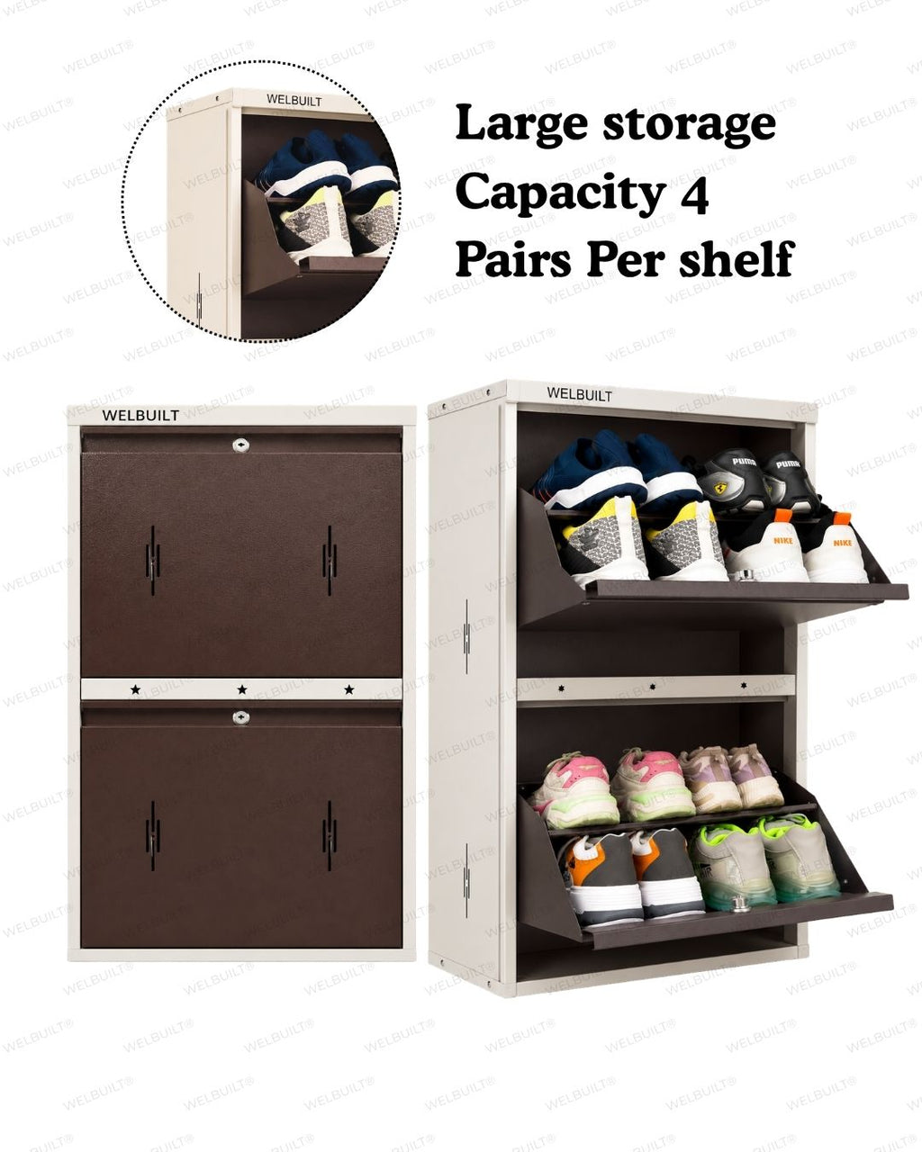 Welbuilt | 2-Door |8-10 | Pairs Wall Mounted Metal Shoe Rack | Brown