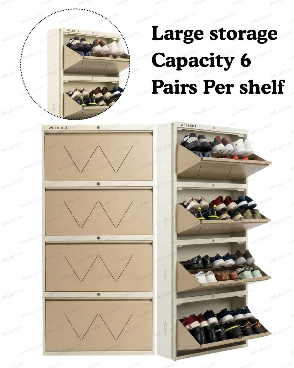 Welbuilt | 4-Door | 24-28 Pairs | Wall Mounted Metal Shoe Rack | Beige