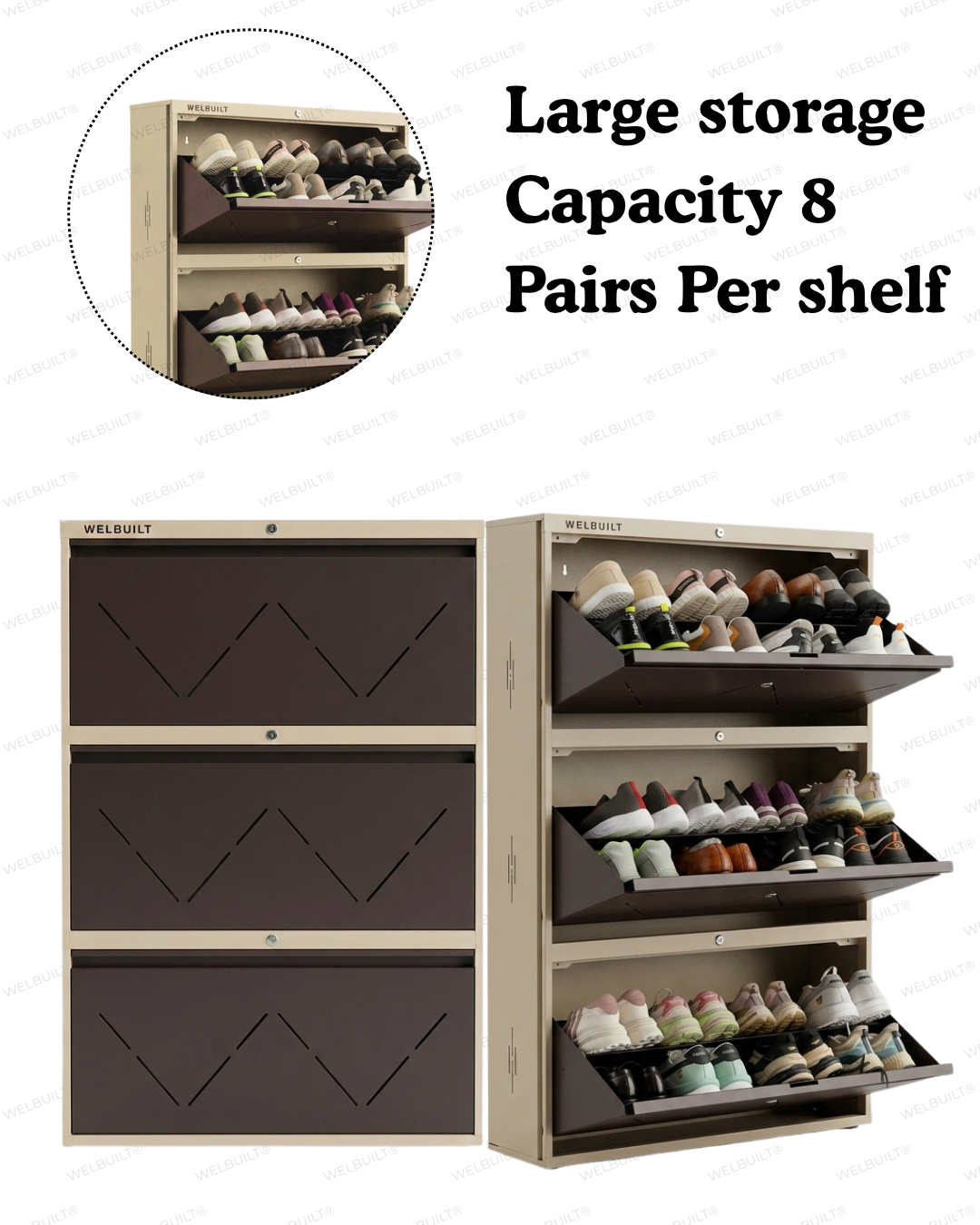 Welbuilt | 3-Door | 24 Pairs | Wall Mounted Metal Shoe Rack | Full Beige