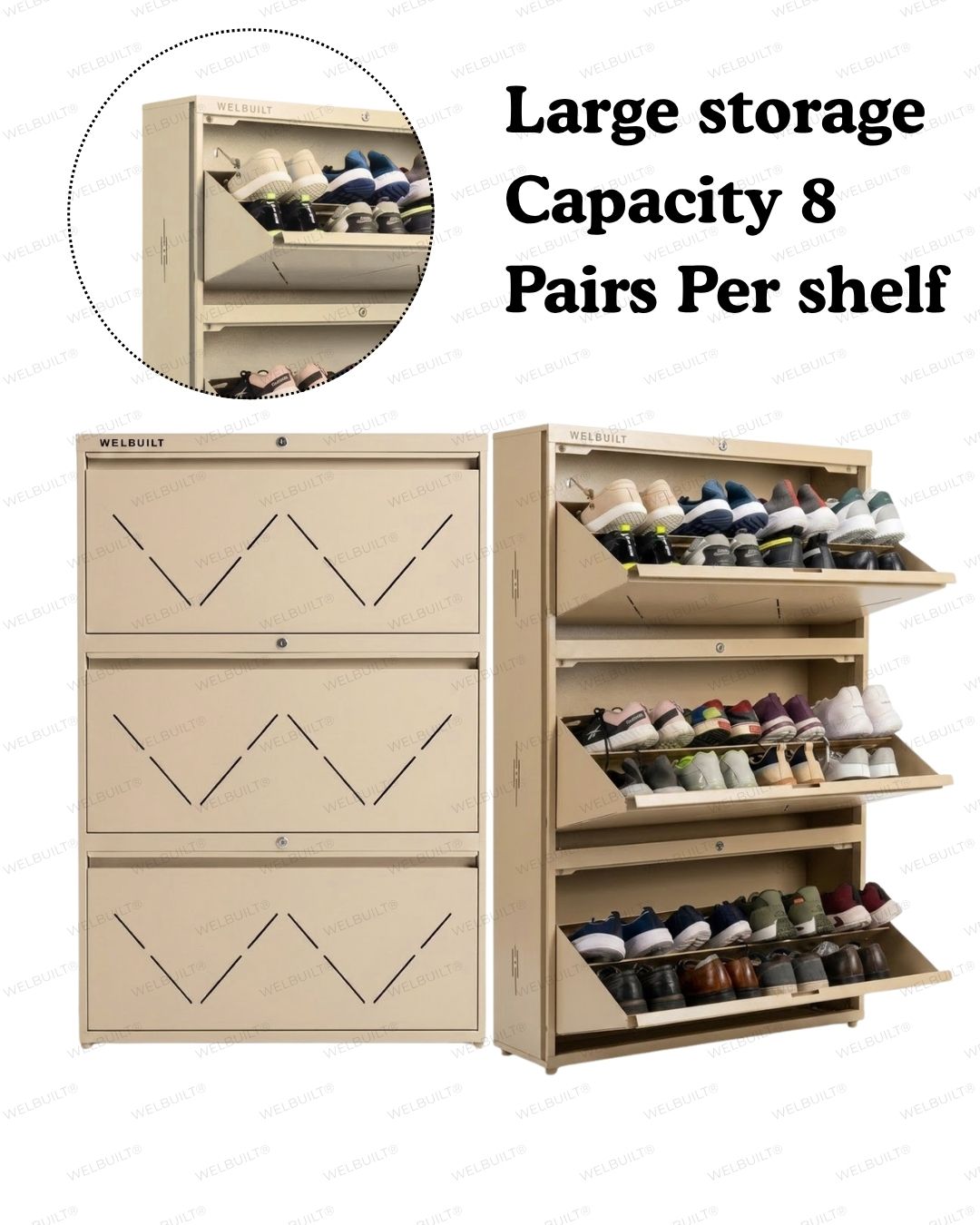 Welbuilt | 3-Door | 24 Pairs | Wall Mounted Metal Shoe Rack | Beige