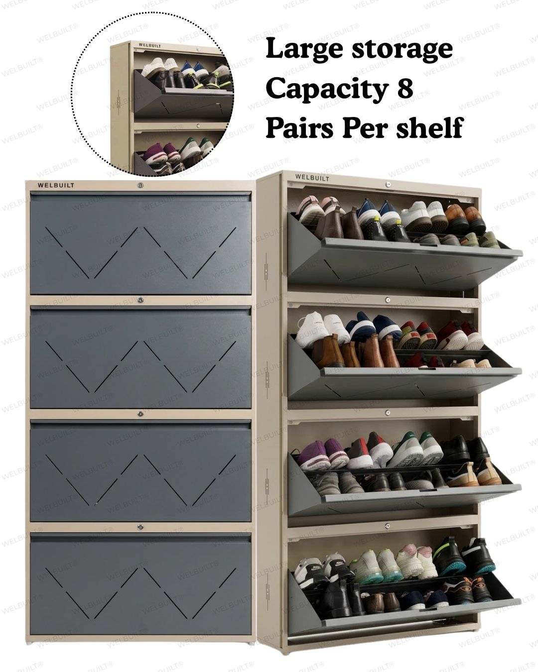 Welbuilt | 4-Door | 32-36 Pairs | Wall Mounted Metal Shoe Rack | Grey