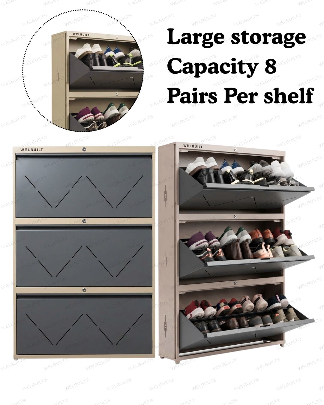 Welbuilt | 3-Door | 24 Pairs | Wall Mounted Metal Shoe Rack | Grey