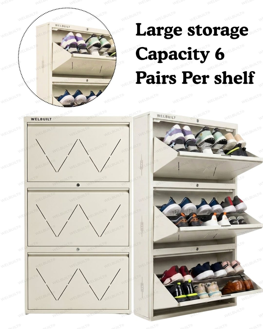 Welbuilt 3-Drawer Metal Shoe Storage Cabinet – Flip-Down Tilt Shoe Rack with Locking Doors, Space-Saving Entryway Organizer (18-24 Pairs) | Off White