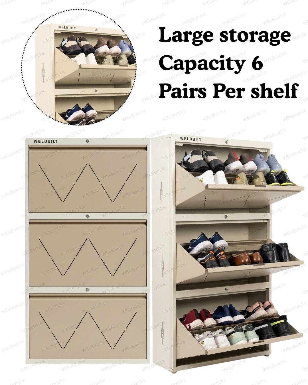 Welbuilt | 3-Door | 18 Pairs | Wall Mounted Metal Shoe Rack | Beige