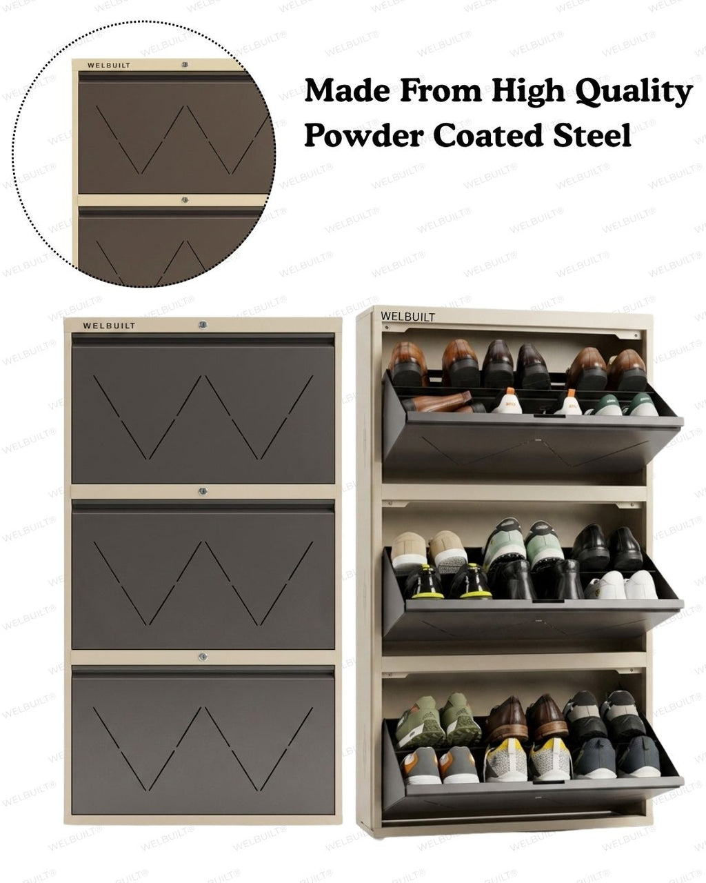 Welbuilt 4-Drawer Metal Shoe Storage Cabinet – Flip-Down Tilt Shoe Rack with Locking Doors, Space-Saving Entryway Organizer (18-24 Pairs) | Beige & Brown