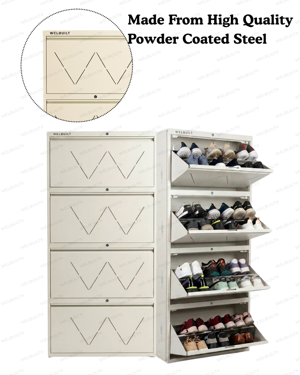 Welbuilt | 4-Door | 24-28 Pairs | Wall Mounted Metal Shoe Rack | White