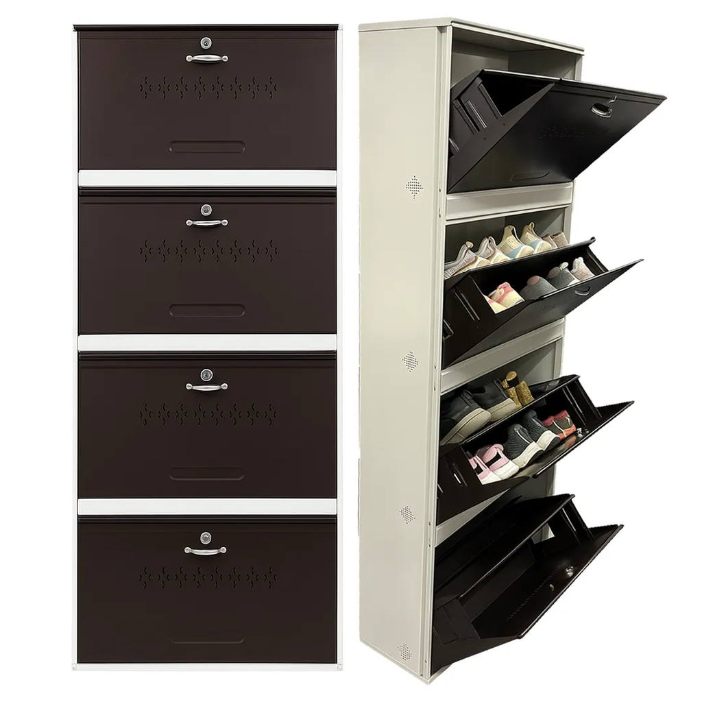 Welbuilt Metal Wall Mounted Shoe Rack | 24-28 Pairs | Double Decker 4 Door 8 Shelf | Powder Coated with Lock | White & Brown