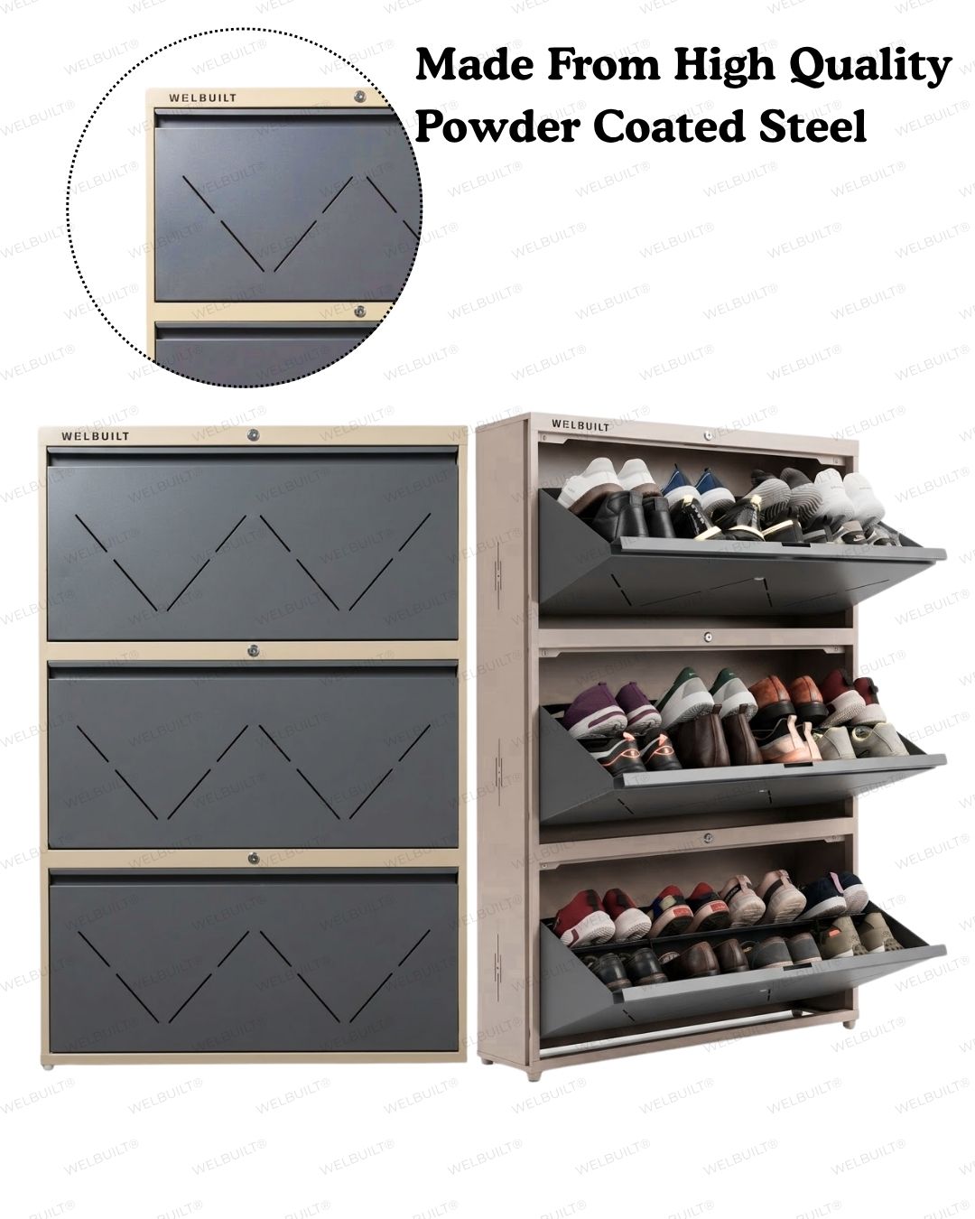 Welbuilt | 3-Door | 24 Pairs | Wall Mounted Metal Shoe Rack | Grey