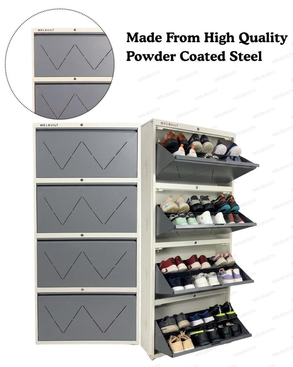 Welbuilt 4-Drawer Metal Shoe Storage Cabinet – Flip-Down Tilt Shoe Rack with Locking Doors, Space-Saving Entryway Organizer (18-24 Pairs) | White Grey