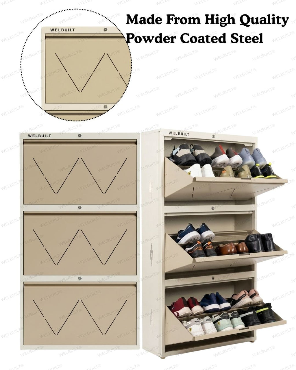 Welbuilt | 3-Door | 18 Pairs | Wall Mounted Metal Shoe Rack | Beige