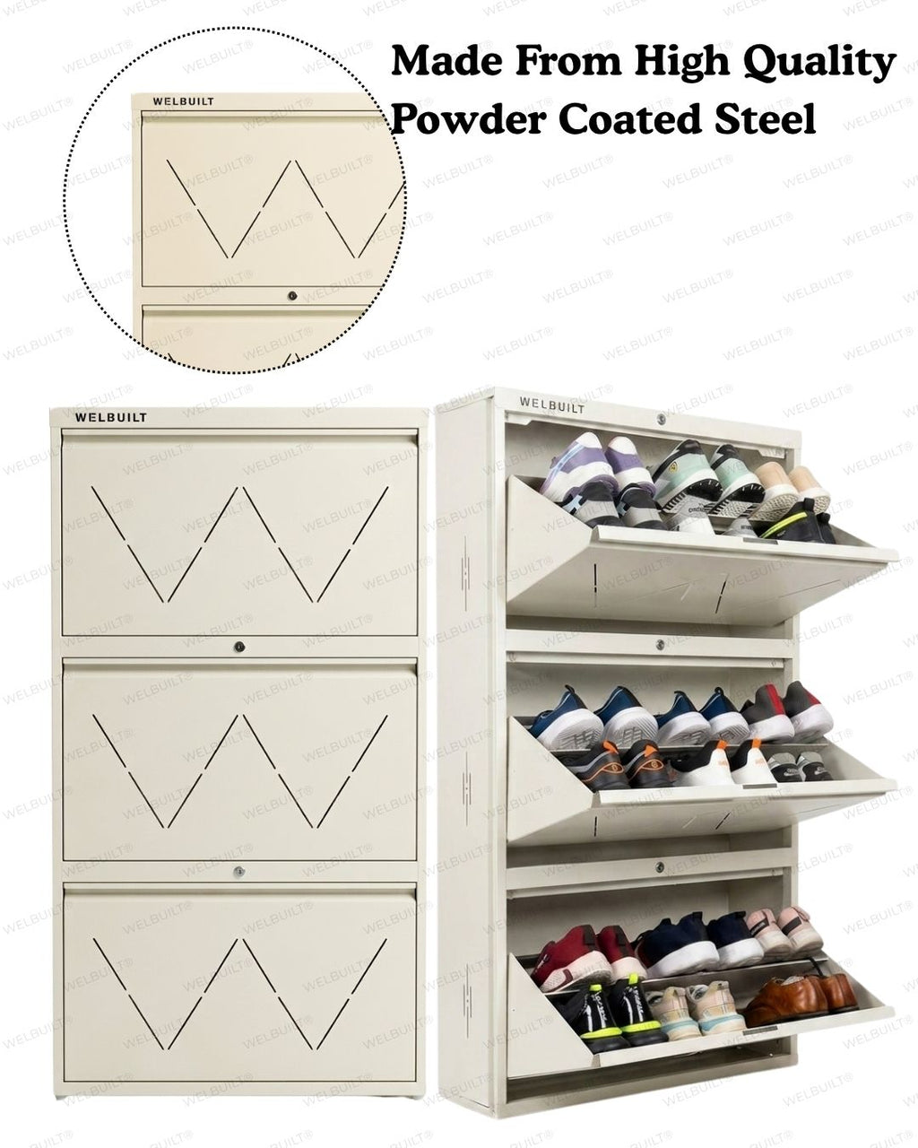 Welbuilt 3-Drawer Metal Shoe Storage Cabinet – Flip-Down Tilt Shoe Rack with Locking Doors, Space-Saving Entryway Organizer (18-24 Pairs) | Off White