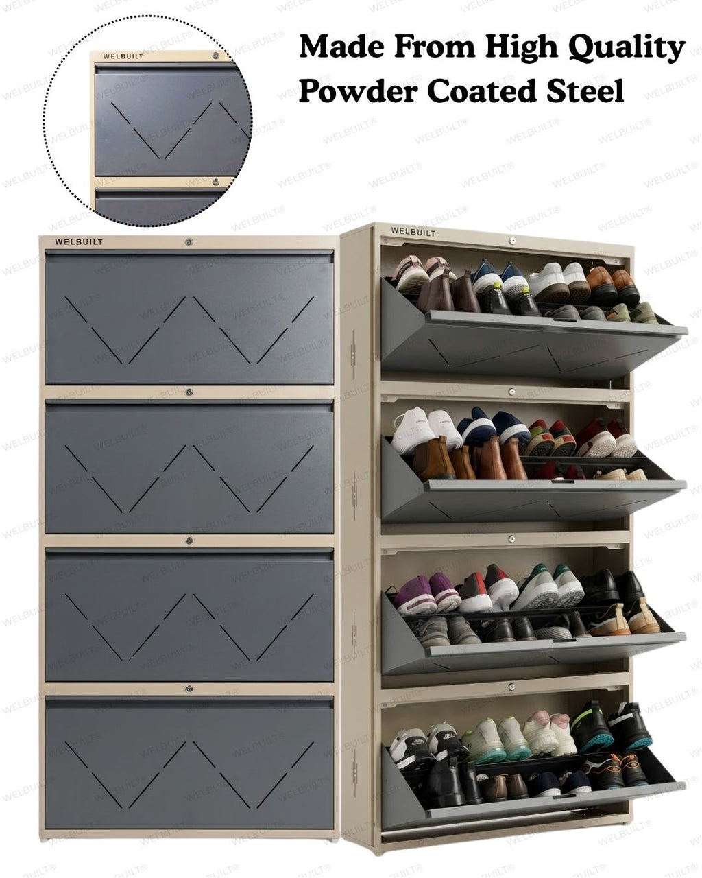 Welbuilt | 4-Door | 32-36 Pairs | Wall Mounted Metal Shoe Rack | Grey