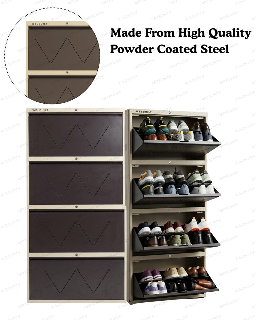 Welbuilt 4-Drawer Metal Shoe Storage Cabinet – Flip-Down Tilt Shoe Rack with Locking Doors, Space-Saving Entryway Organizer (18-24 Pairs) | Beige & Brown
