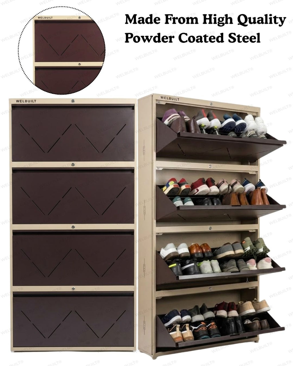 Welbuilt | 4-Door | 32-36 Pairs | Wall Mounted Metal Shoe Rack | Brown