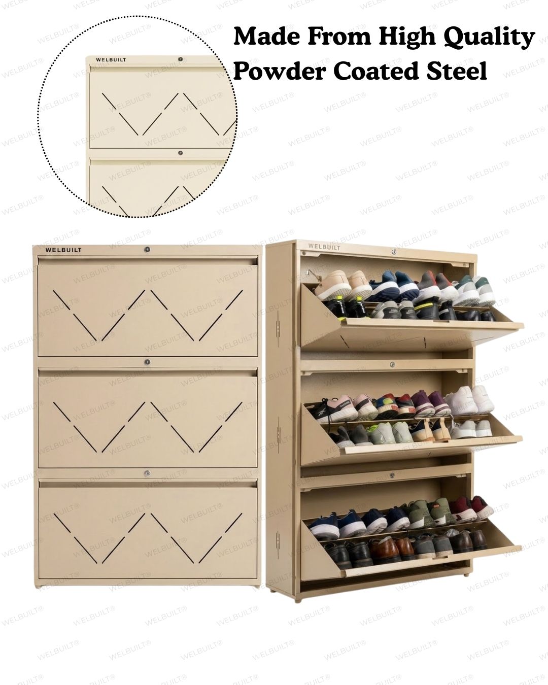Welbuilt | 3-Door | 24 Pairs | Wall Mounted Metal Shoe Rack | Beige