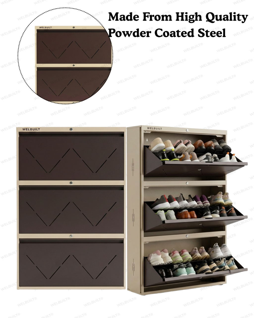 Welbuilt | 3-Door | 24 Pairs | Wall Mounted Metal Shoe Rack | Full Beige