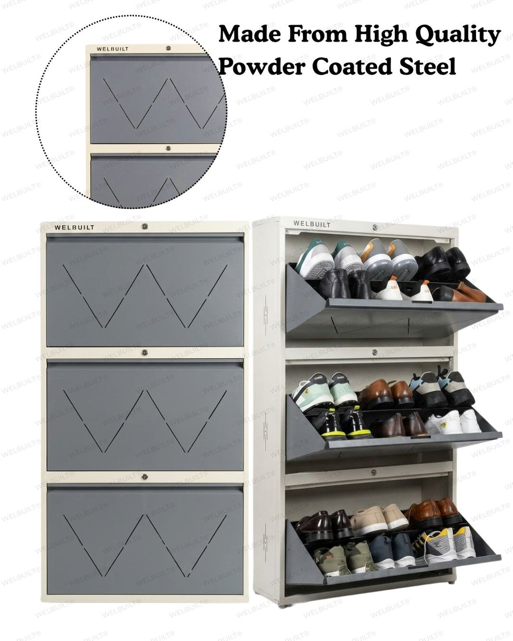 Welbuilt 3-Drawer Metal Shoe Storage Cabinet – Flip-Down Tilt Shoe Rack with Locking Doors, Space-Saving Entryway Organizer (18-24 Pairs) | White & Grey