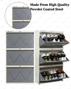 Welbuilt 3-Drawer Metal Shoe Storage Cabinet – Flip-Down Tilt Shoe Rack with Locking Doors, Space-Saving Entryway Organizer (18-24 Pairs) | White & Grey