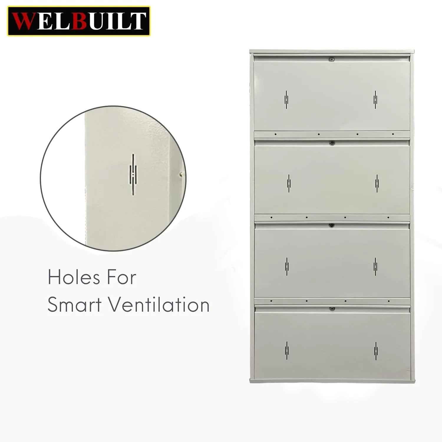 29" Wall Mounted Shoe Rack - Double Decker Metal Organizer for 24 Pairs with 4 Doors and Lock - White