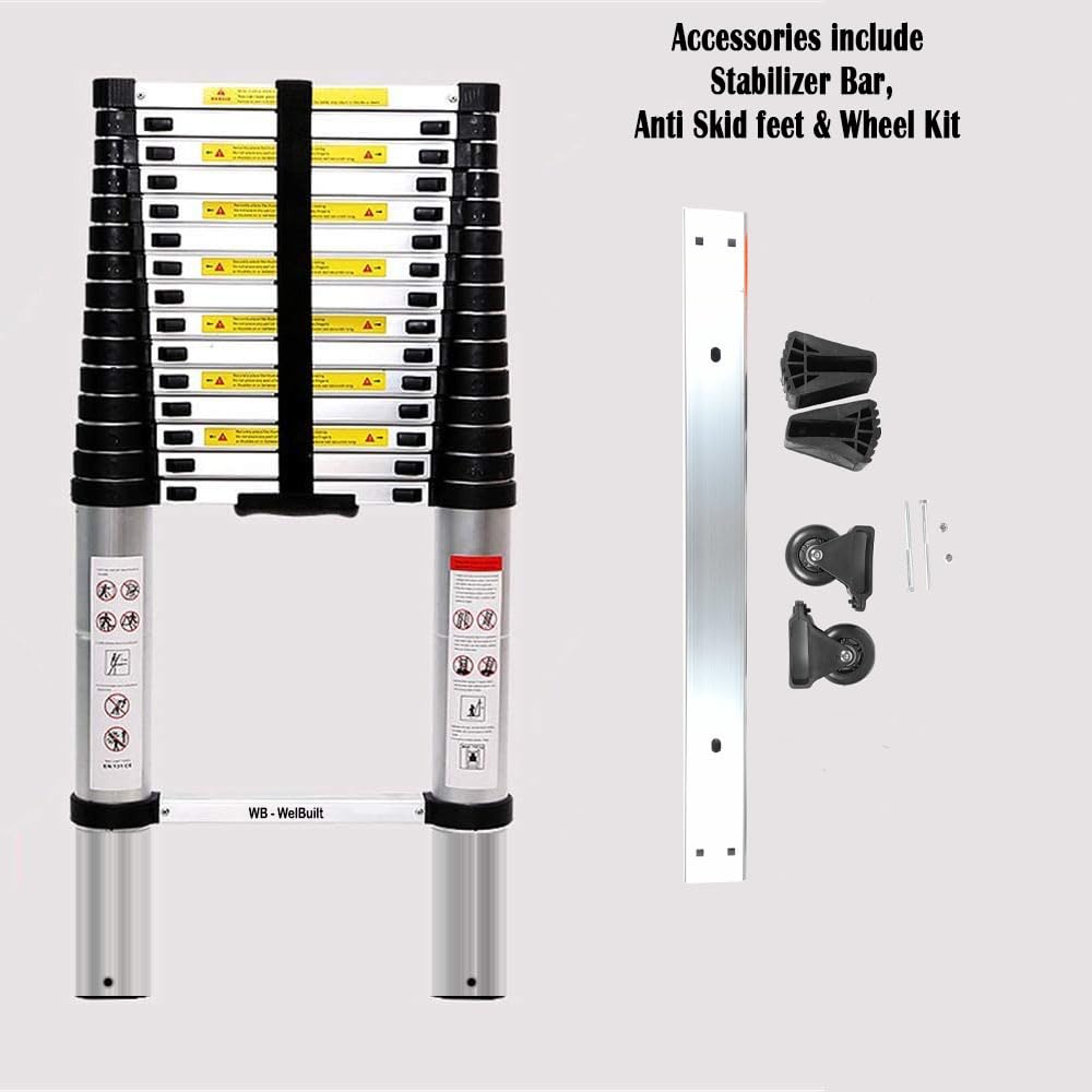 Welbuilt 23 Feet (7 Meter) 18 Step Portable & Compact Telescopic Ladder | 2-Year Warranty | EN131 Certified Foldable Multipurpose Step Ladder for Home & Outdoor use (23 Feet Aluminium)-Building Supplies-Welbuilt Products-Aman Overseas